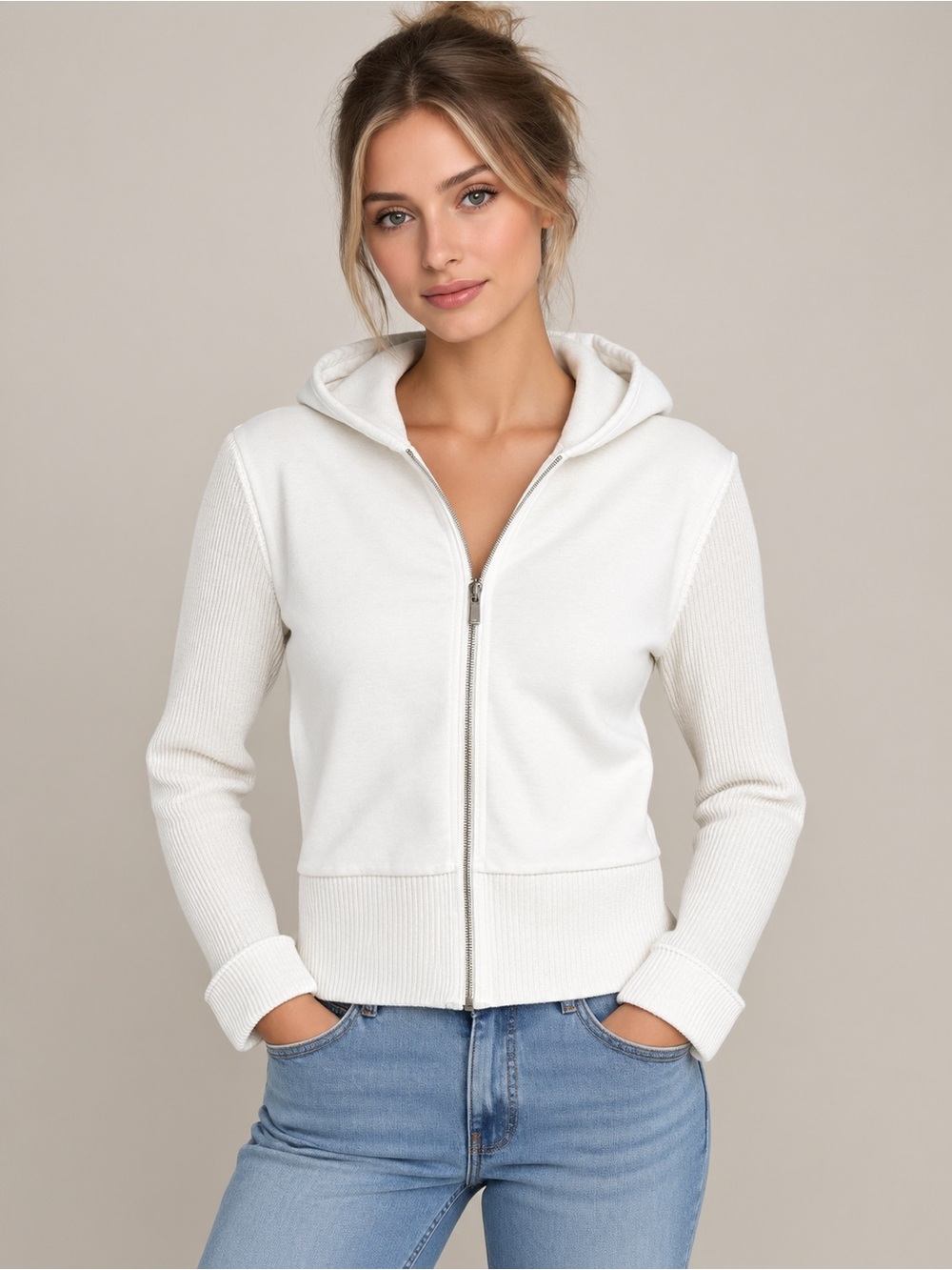 Y2K Clothes' Brand Cream Zip-Up Hoodie Ribbed Sweatshirt - Tag Sz L-Fits S/M